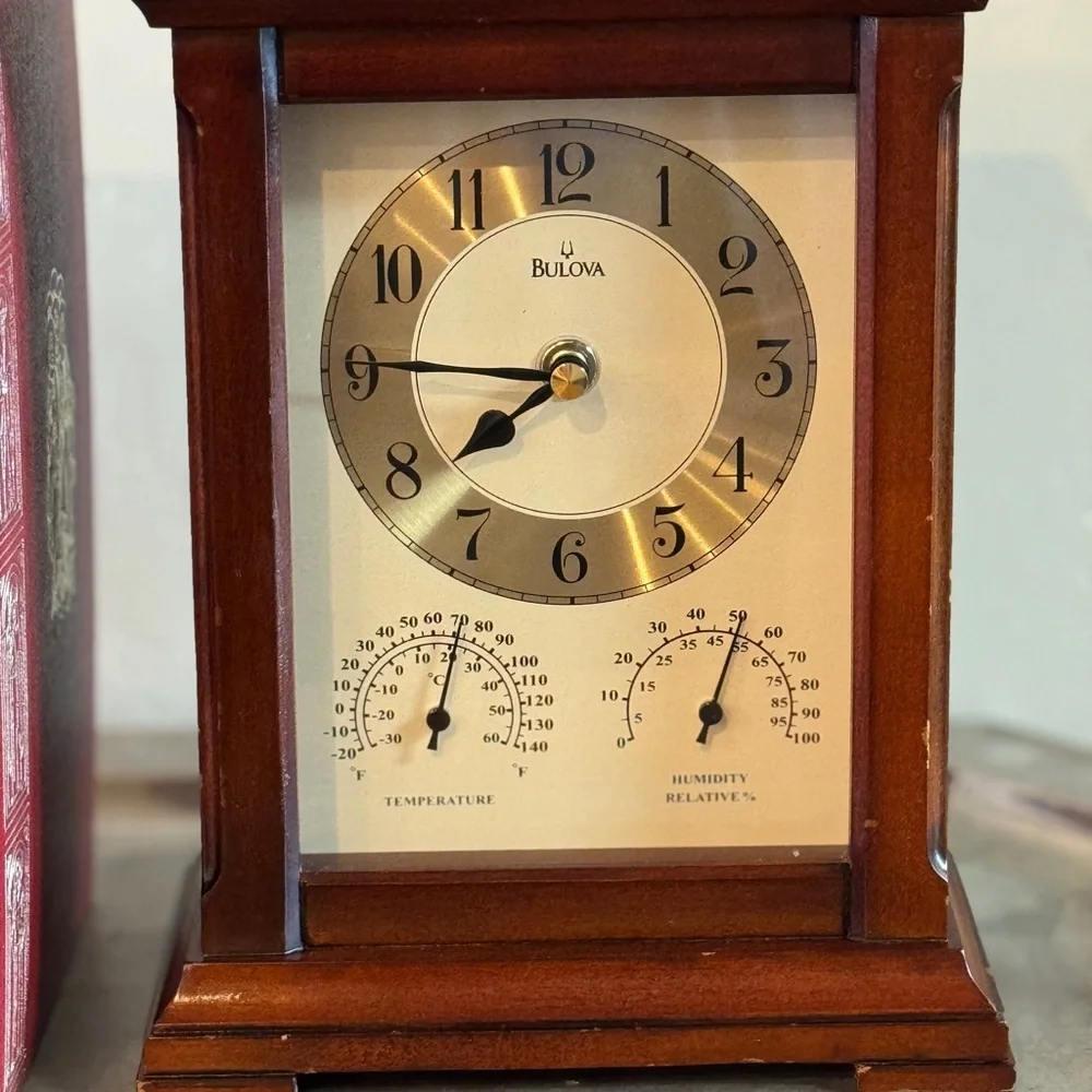 Vintage Bulova Gold and Brown Mantle Clock with Thermometer and Hygrometer